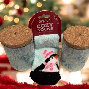 Hallmark 2 -14 ounce Blue Snowflake Holly 2 Wick Candles and Aloe Infused Socks